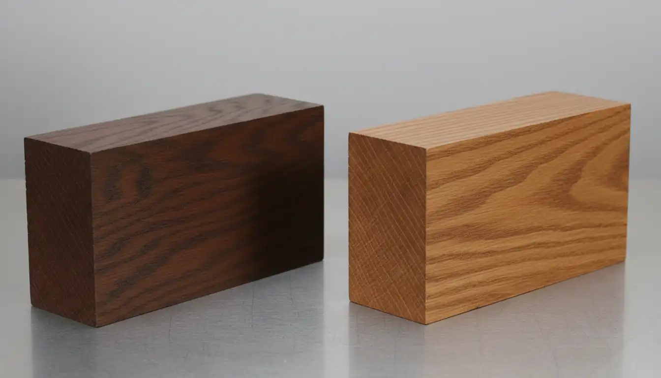 A side-by-side comparison of wood samples, one finished with a dark walnut stain and the other with a provincial stain, showcasing the difference in color and grain appearance on oak.