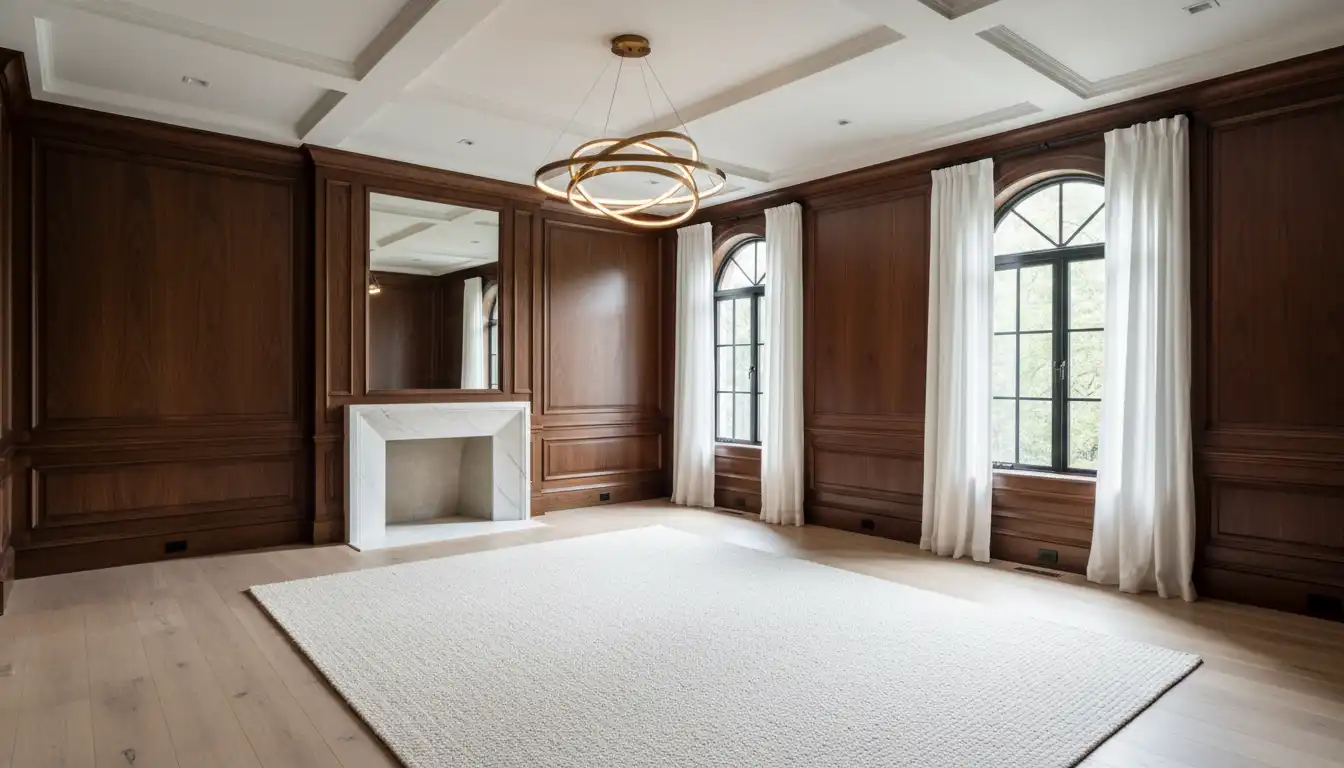 An elegant interior room with walls covered in dark wood paneling, contrasted by bright, light-colored hardwood flooring.