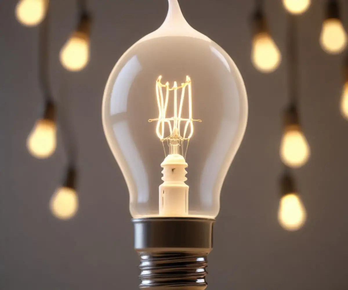 A white candelabra-style LED light bulb with a small screw base, viewed from the side against a neutral, out-of-focus background.