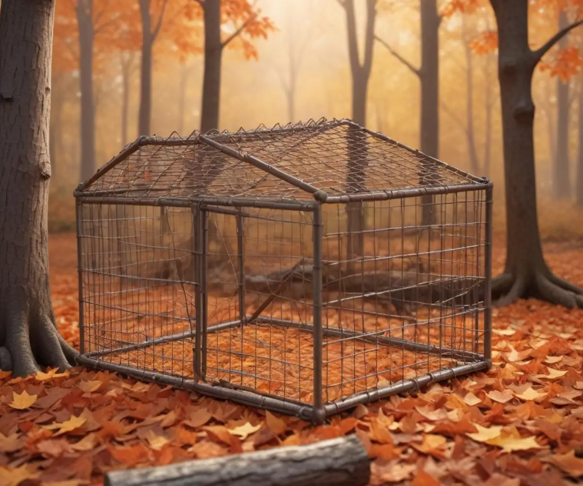 A live animal trap cage made of metal wire mesh, set on a bed of brown autumn leaves next to a log.