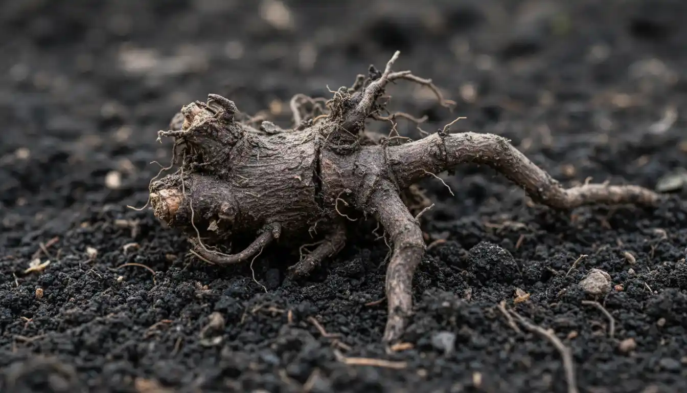 A close-up of a dry and withered peony root tuber on dark, rich soil.