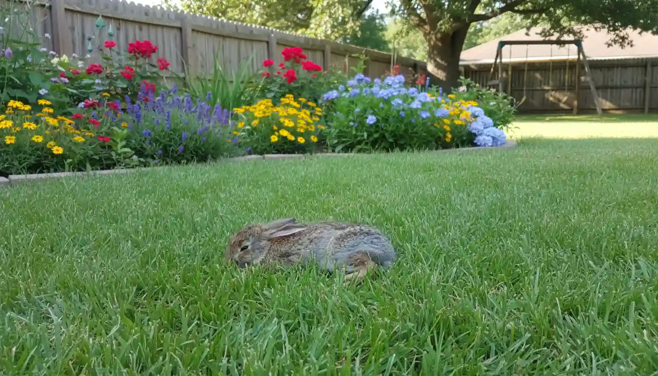 A well-maintained green lawn bordered by a flower garden.