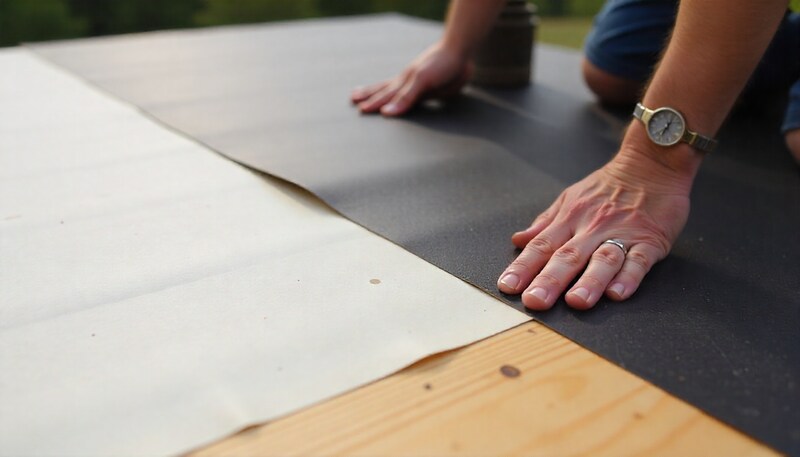 A close-up view of synthetic roofing underlayment being installed on a plywood roof deck.