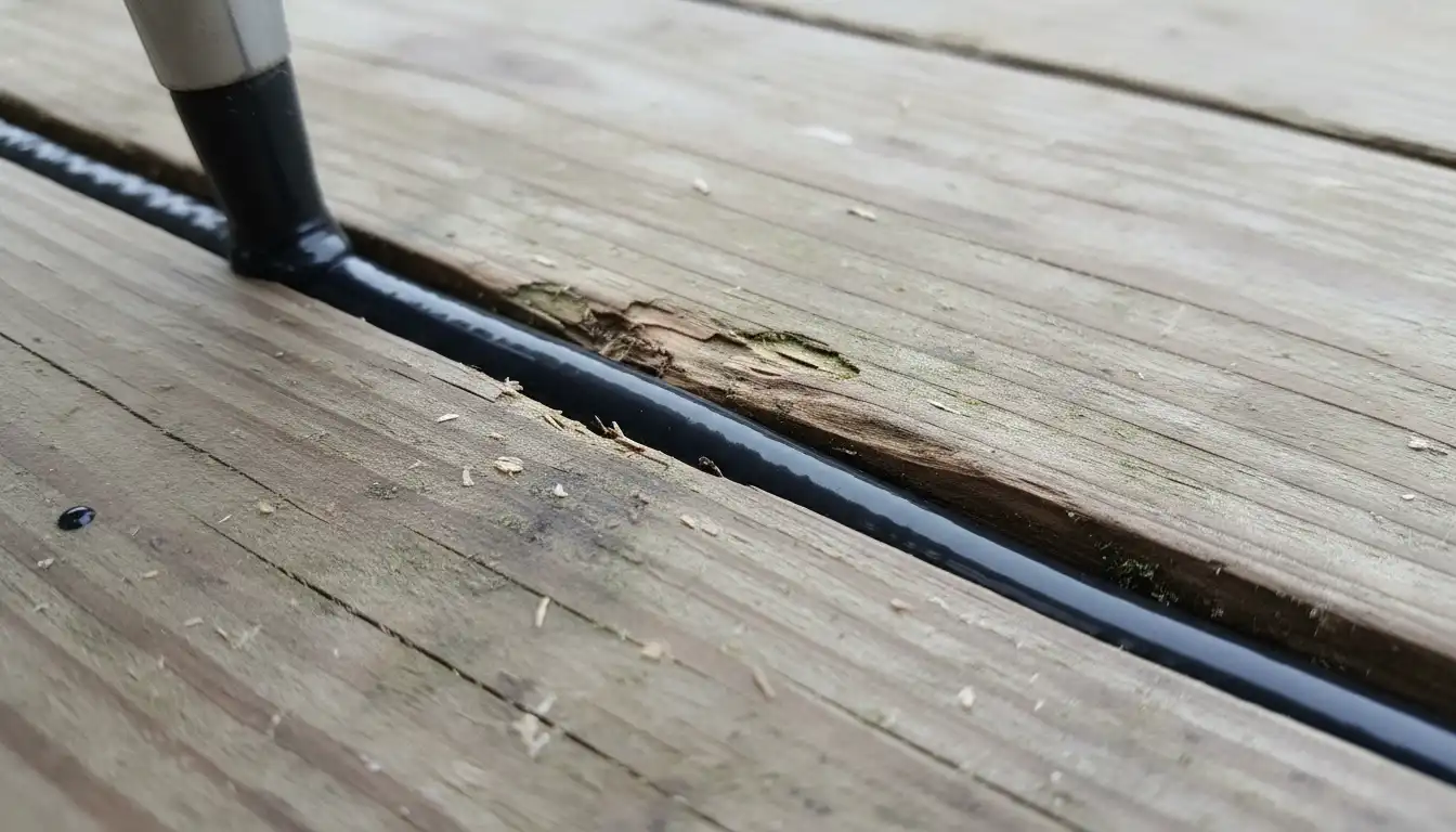 Close-up of a dark, flexible sealant being applied as a filler into the space between weathered wooden deck boards.