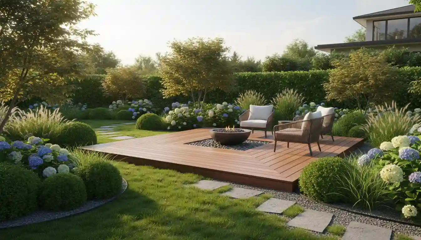 A low-profile, ground-level wooden platform deck in a manicured backyard garden with no steps.