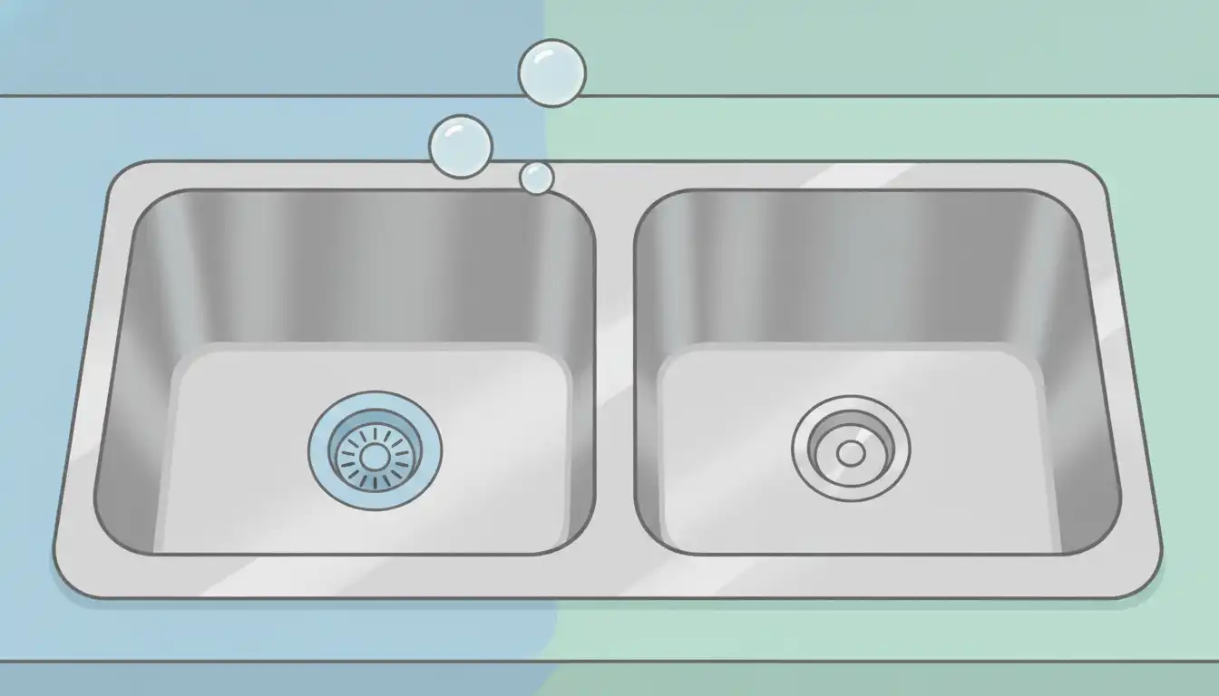A deep, stainless steel, undermount double-bowl kitchen sink with a garbage disposal flange in one drain.