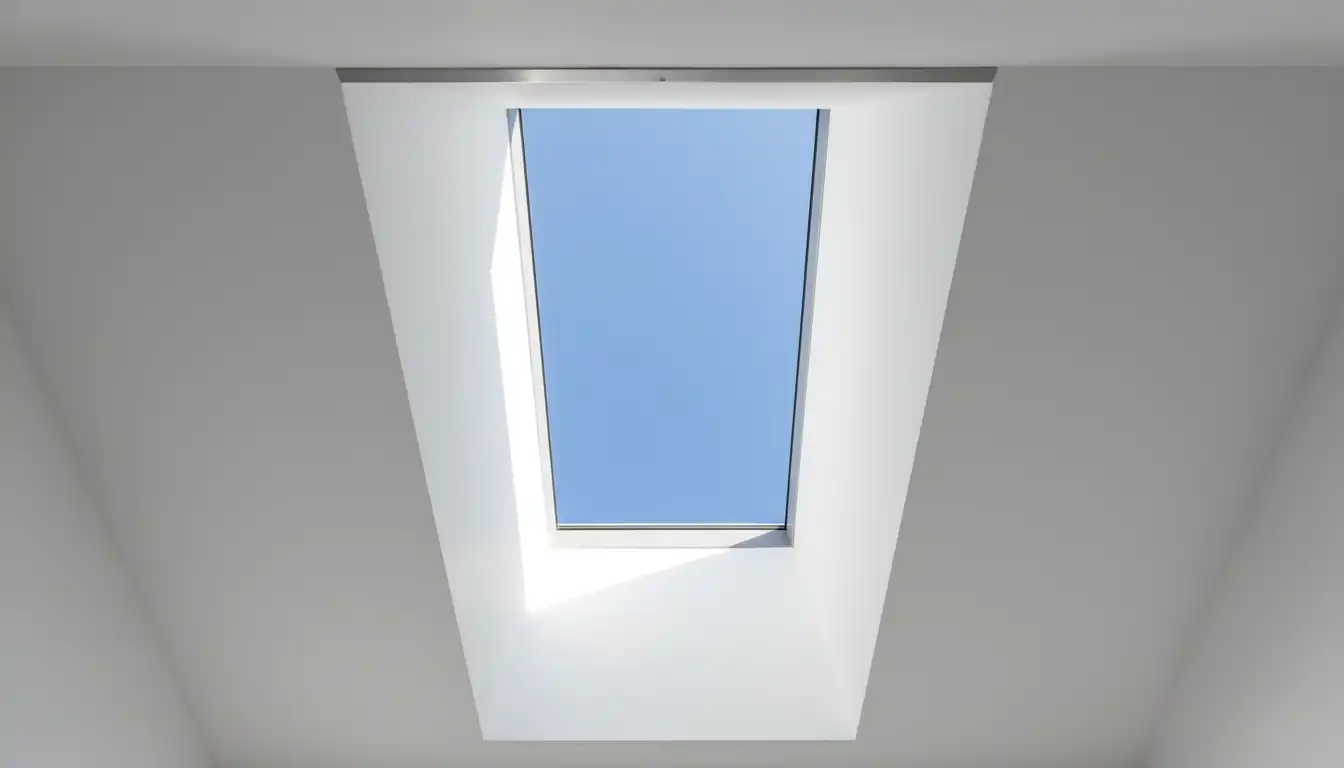 View looking up through a deep, rectangular skylight light well in a white ceiling towards a clear blue sky.