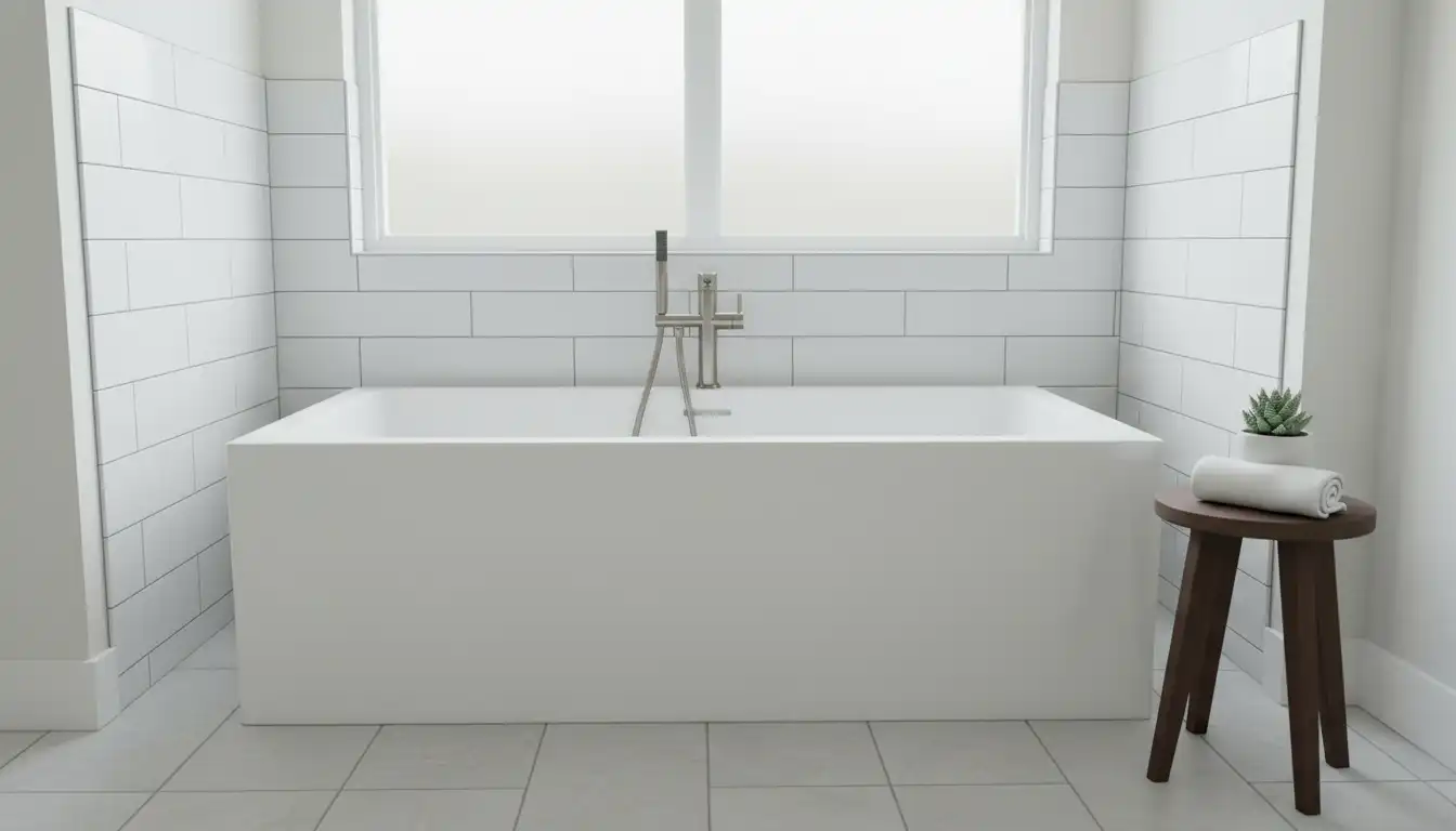 A deep, white acrylic 60-inch alcove soaking tub set against a tiled wall in a bright, modern bathroom.
