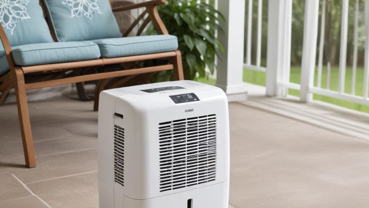 A white portable dehumidifier on the floor of a screened porch next to outdoor patio furniture.