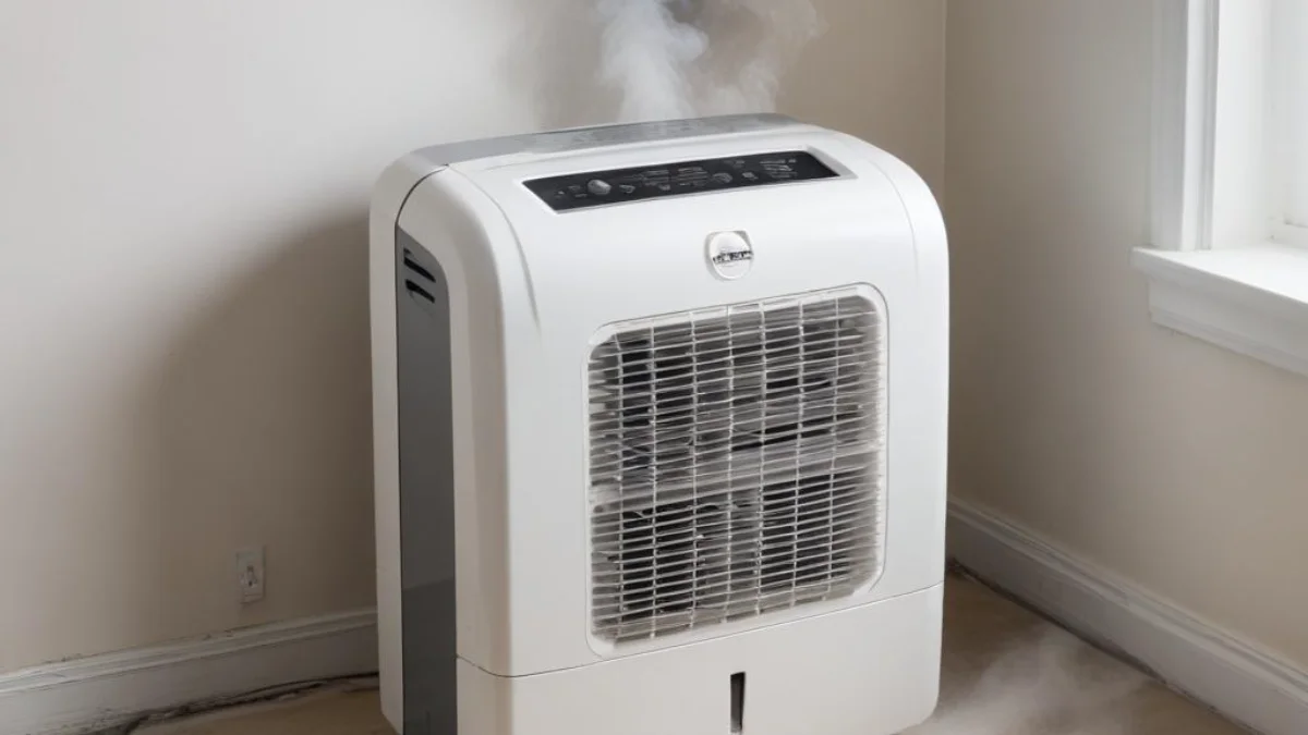 Overheated white dehumidifier with discolored, melting vents and a wisp of smoke.