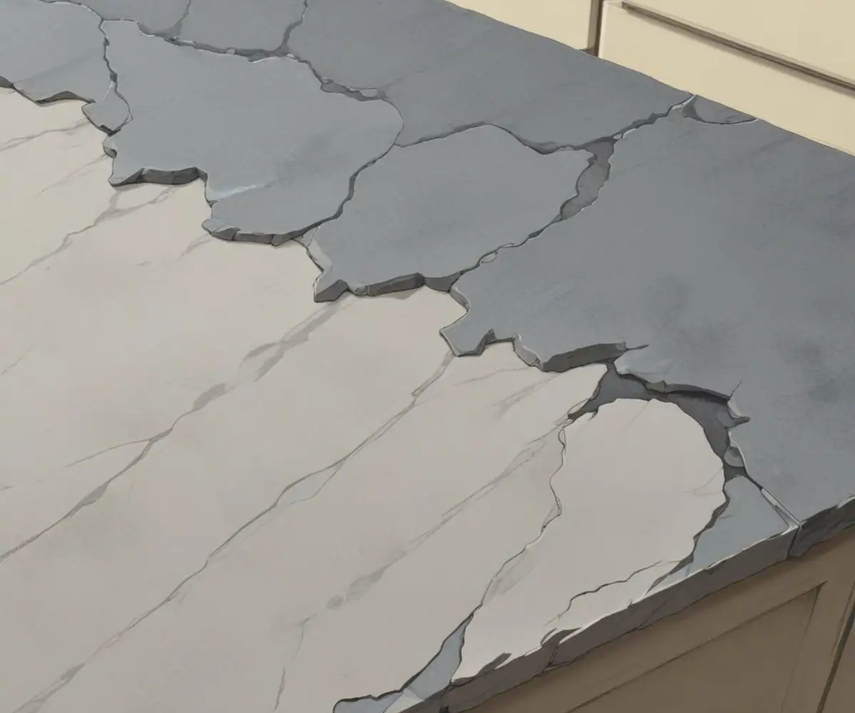Close-up of a chipped edge on a grey, stone-textured kitchen countertop.
