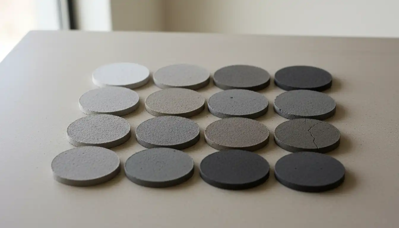 An array of gray grout color swatch samples on a neutral background.