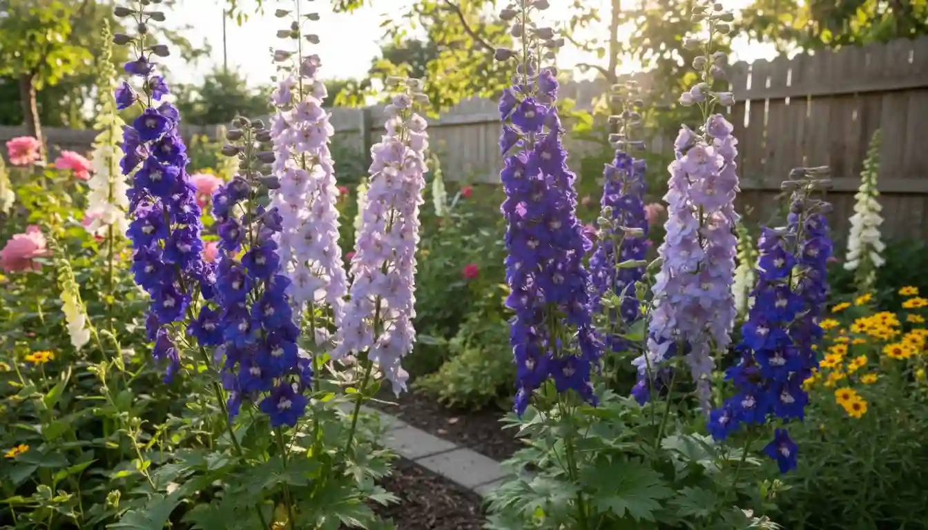 Tall spikes of blue and purple delphinium flowers in a sunlit garden bed.