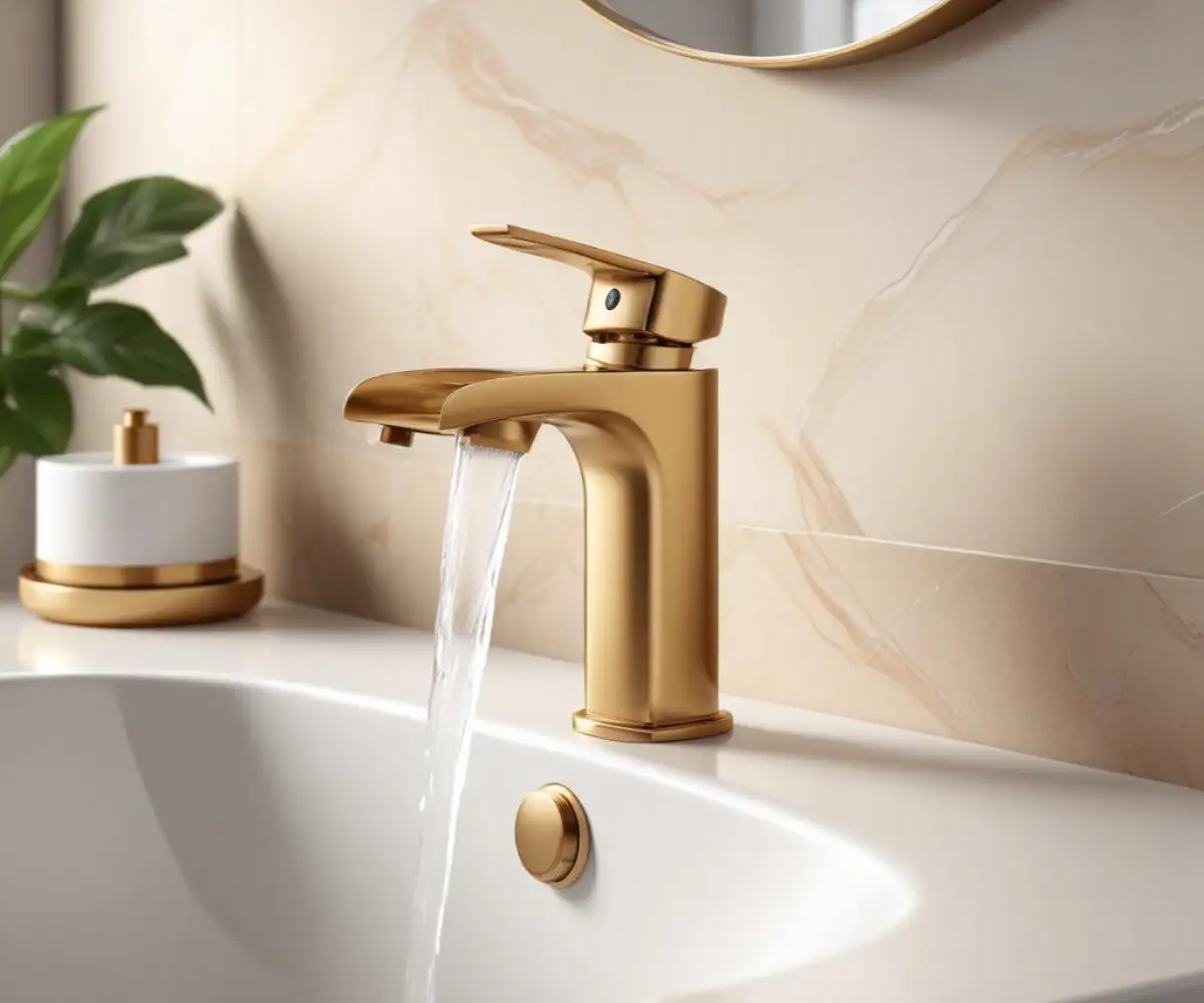 A sleek, modern bathroom faucet with a luxe gold finish mounted on a white porcelain sink.