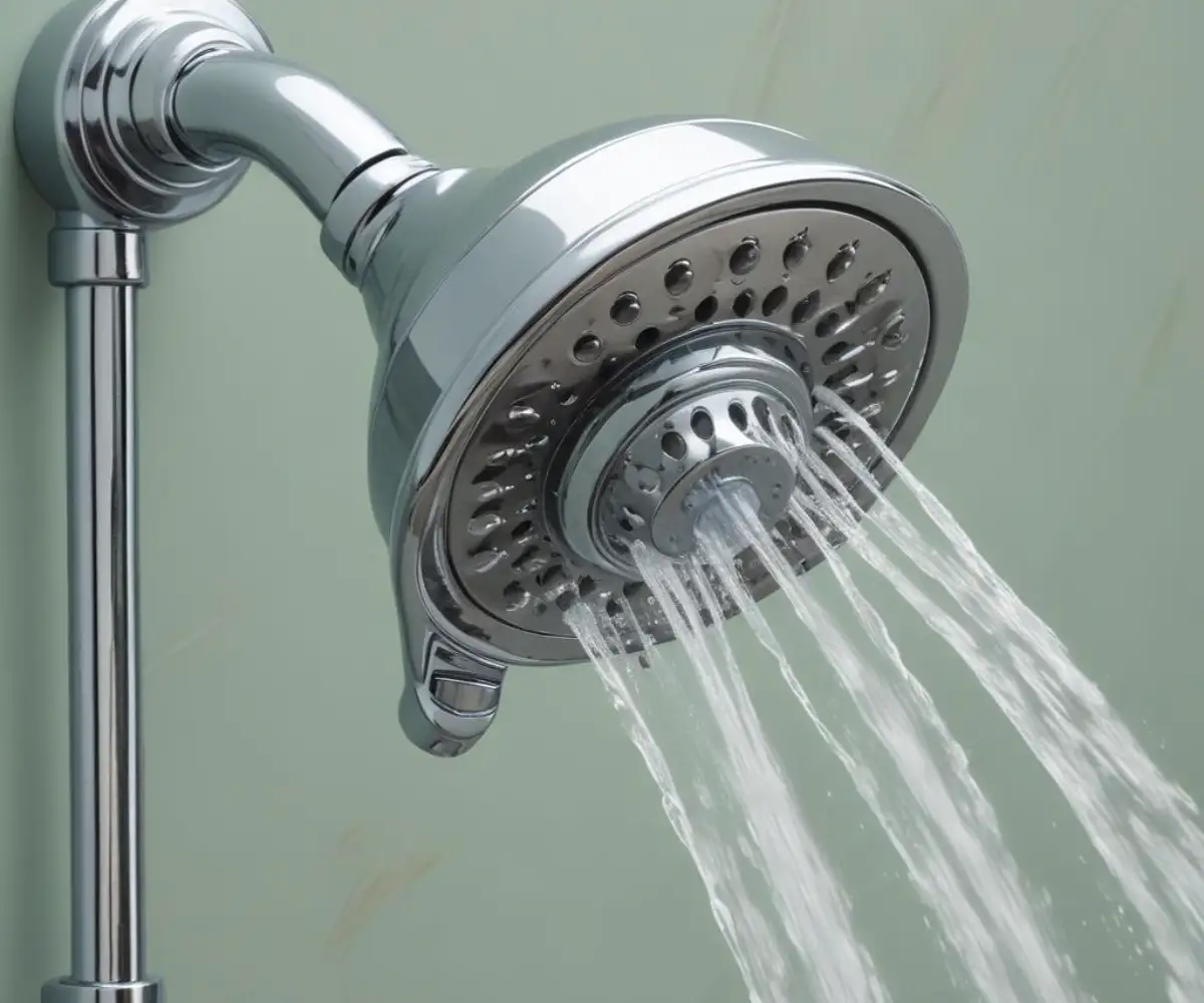 A close-up of a modern, chrome handheld shower head, focusing on the recessed pause button on the handle.