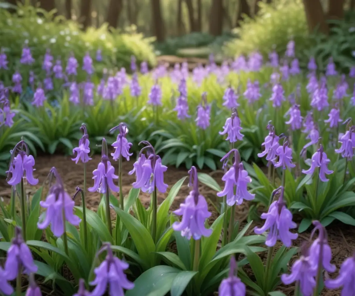 Vibrant purple Spanish bluebell flowers in a dense garden patch.