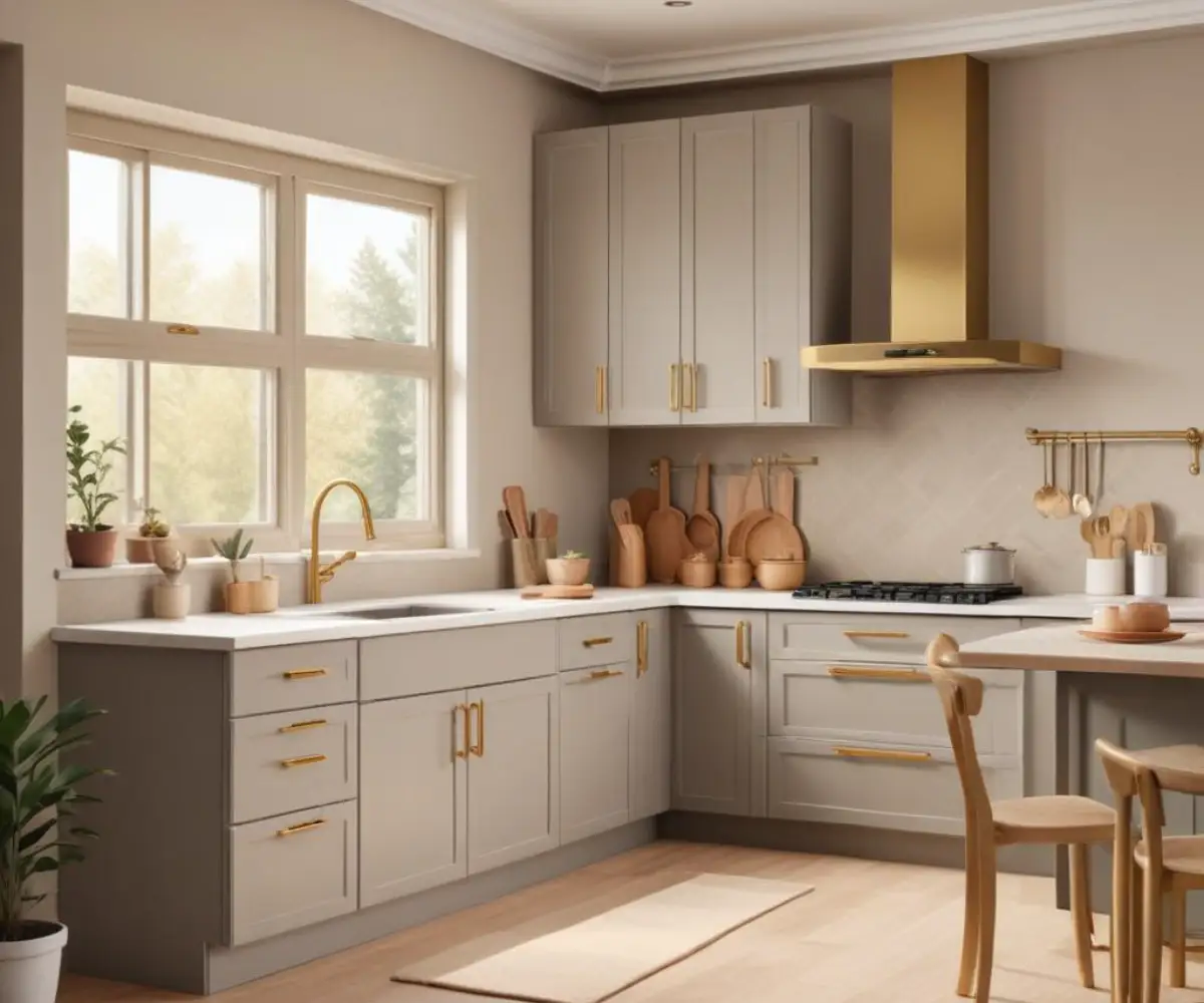 Kitchen cabinets painted in a warm, neutral greige mushroom color with brass hardware.