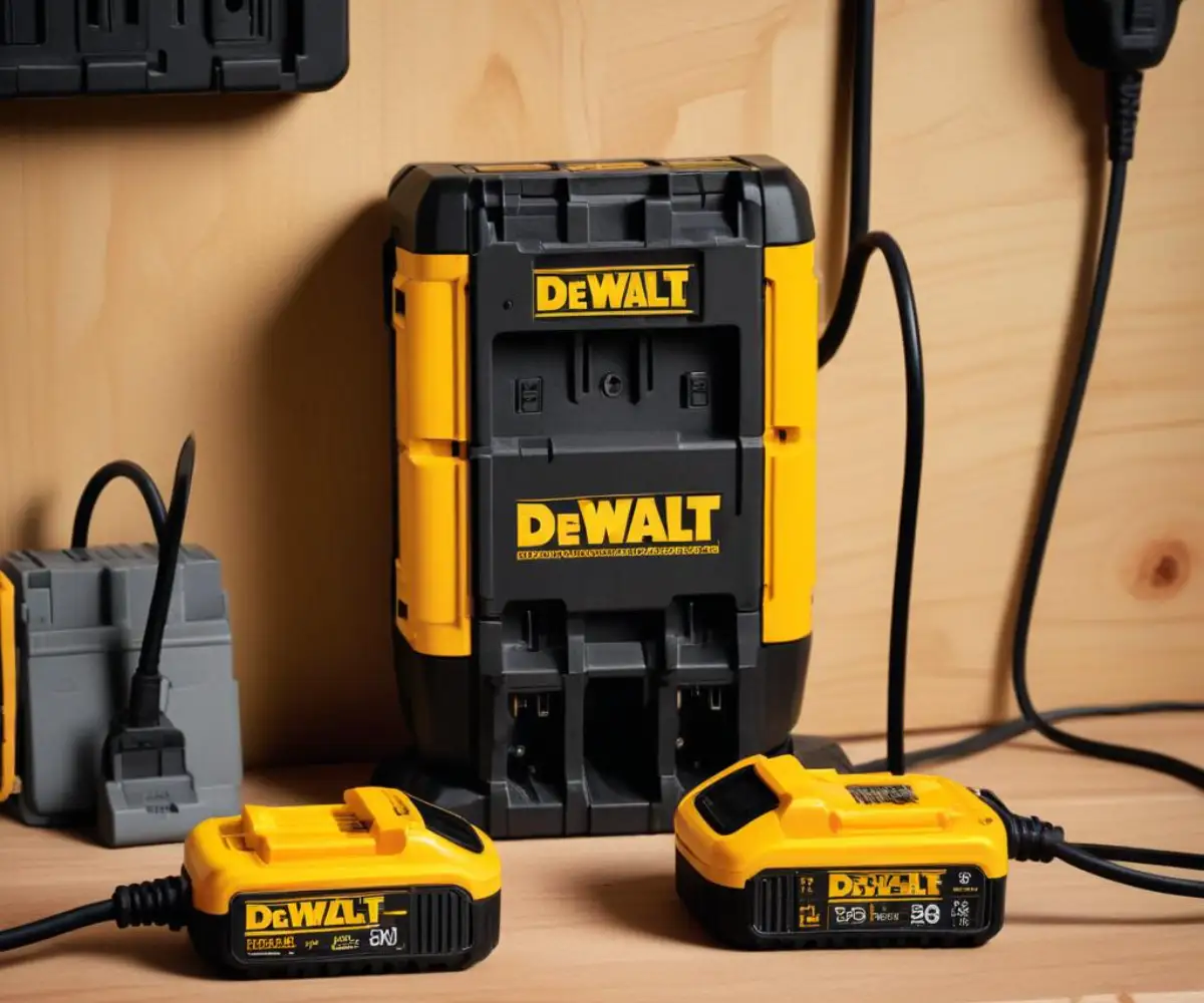 A yellow and black DeWalt 20-volt lithium-ion battery on a compatible black charging station, with the station plugged into a wall outlet.