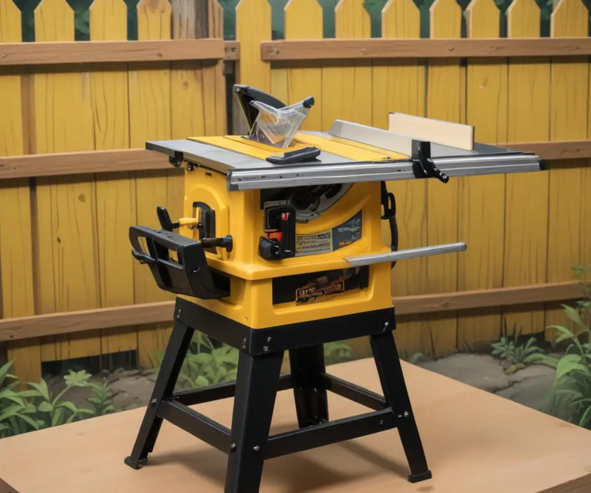 A yellow and black jobsite table saw with a blade guard, rolling stand, and fence.