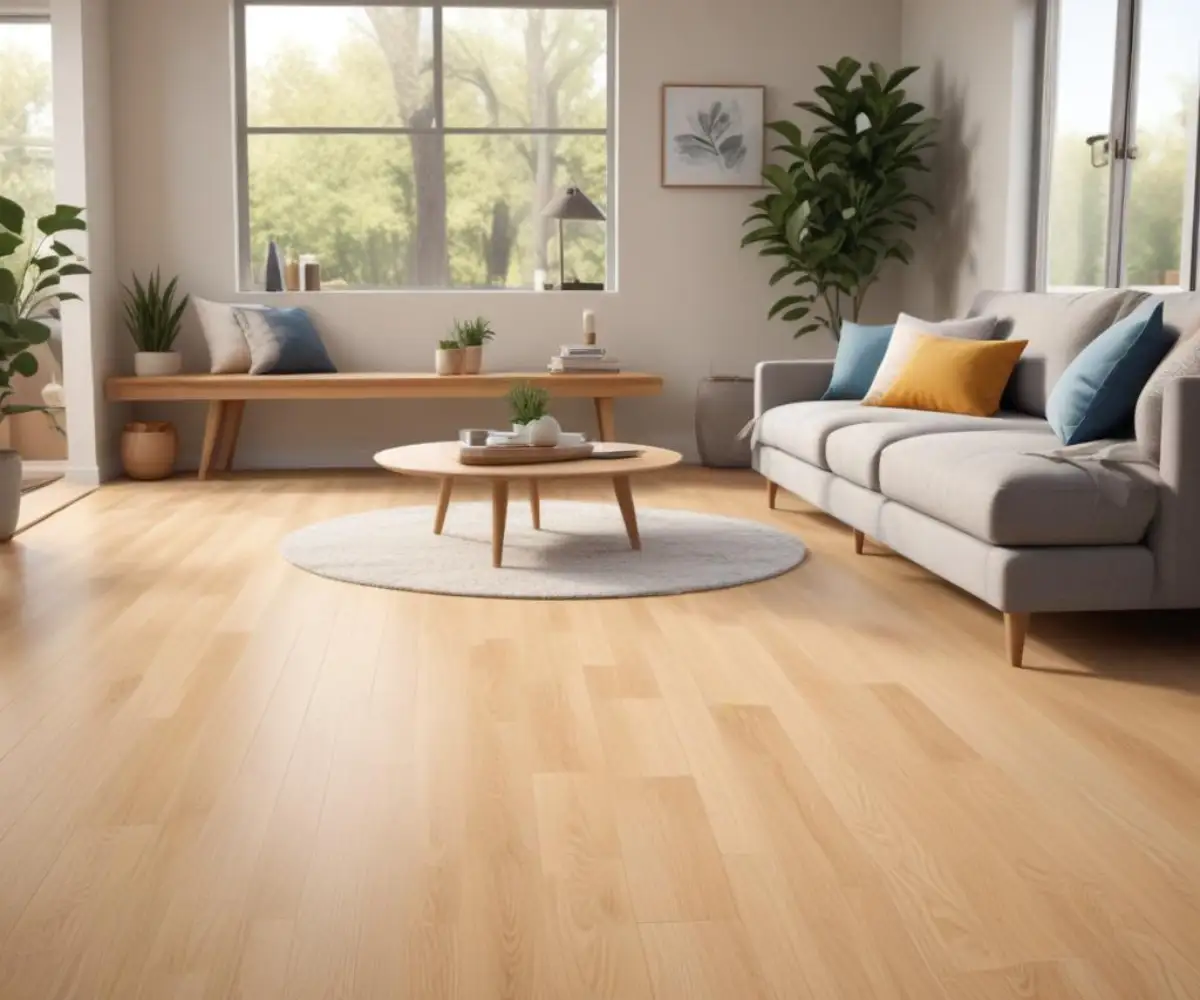 Modern living room with light oak colored luxury vinyl plank flooring installed.