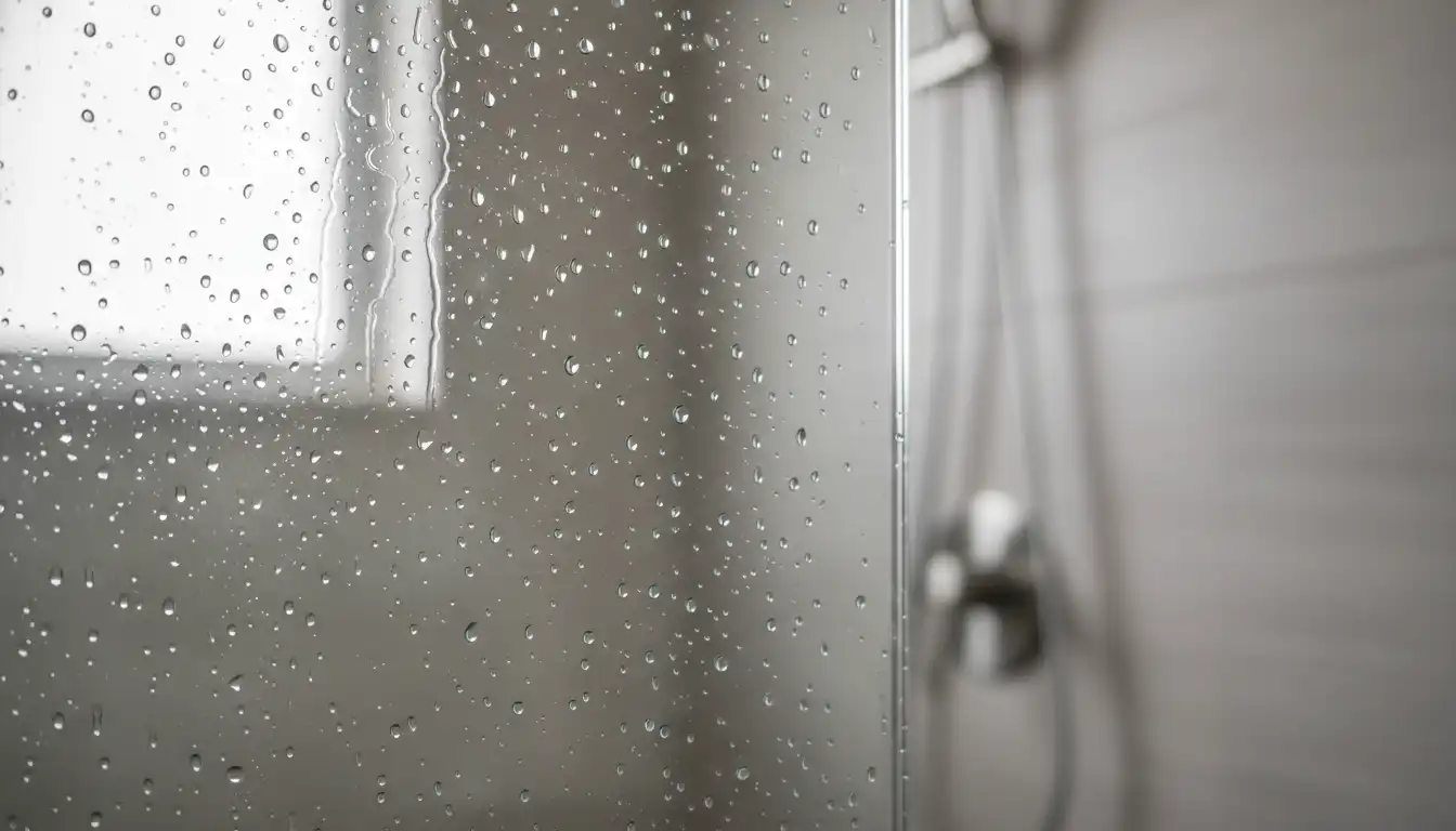 A clear glass shower door with a hydrophobic coating repelling water droplets into small beads.