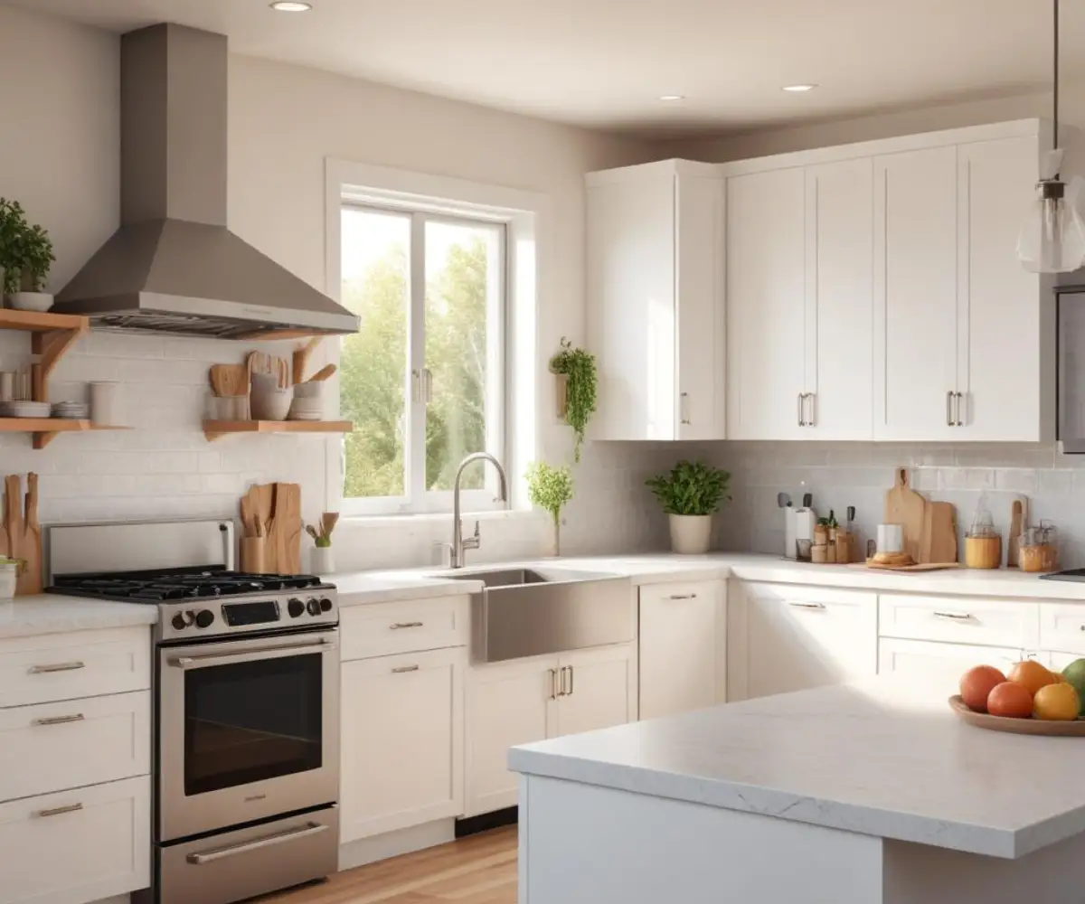 A kitchen with white shaker style cabinets, stainless steel appliances, and a light-colored countertop.