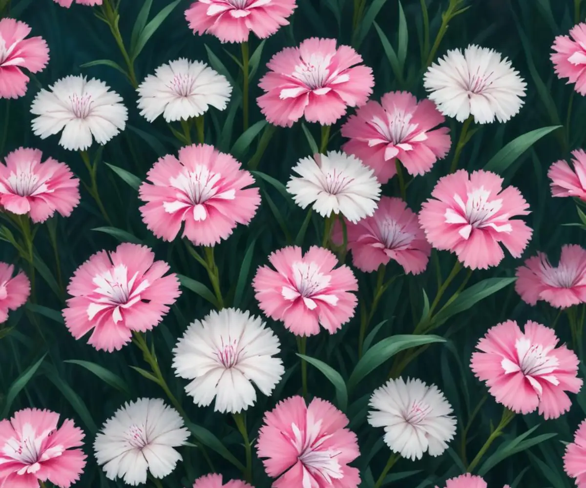 A cluster of vibrant pink and white dianthus clavelina flowers with fringed petals and blue-green foliage.