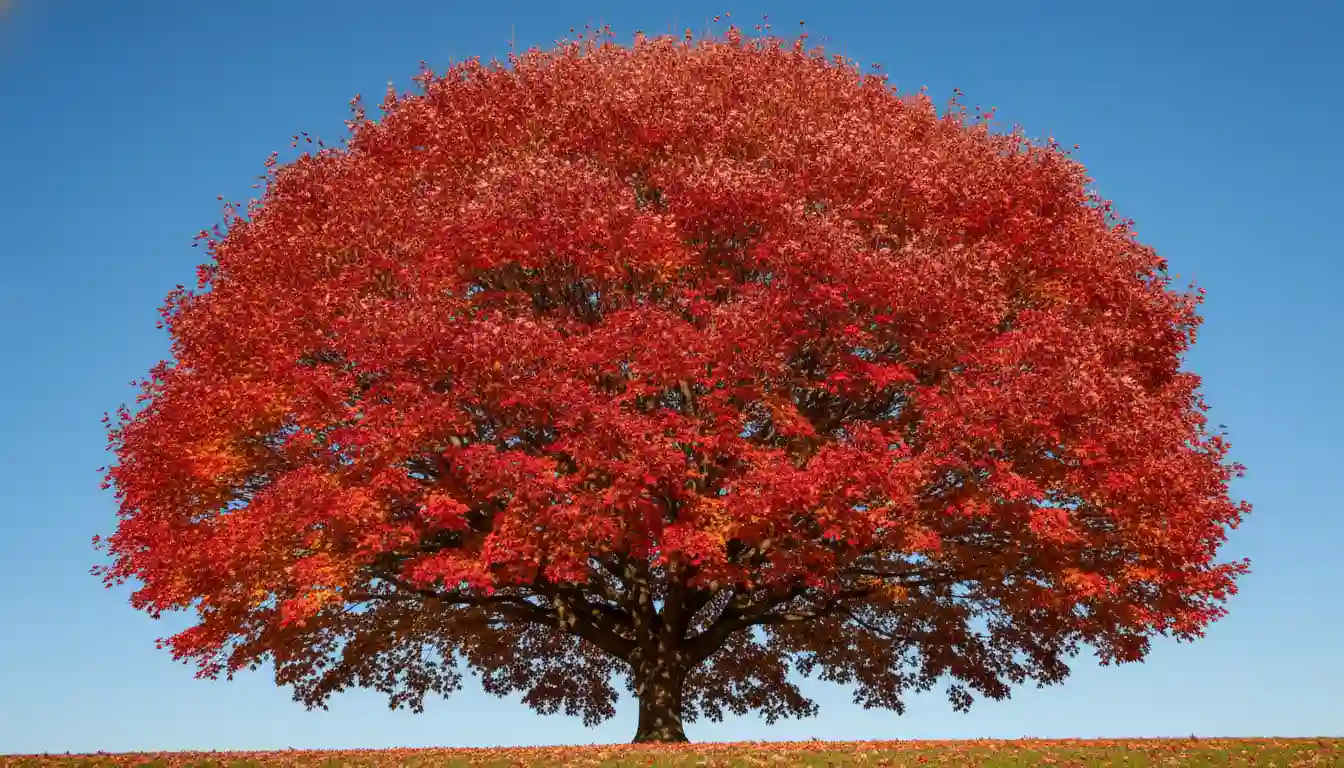 A vibrant red maple tree with brilliant autumn foliage against a clear blue sky.