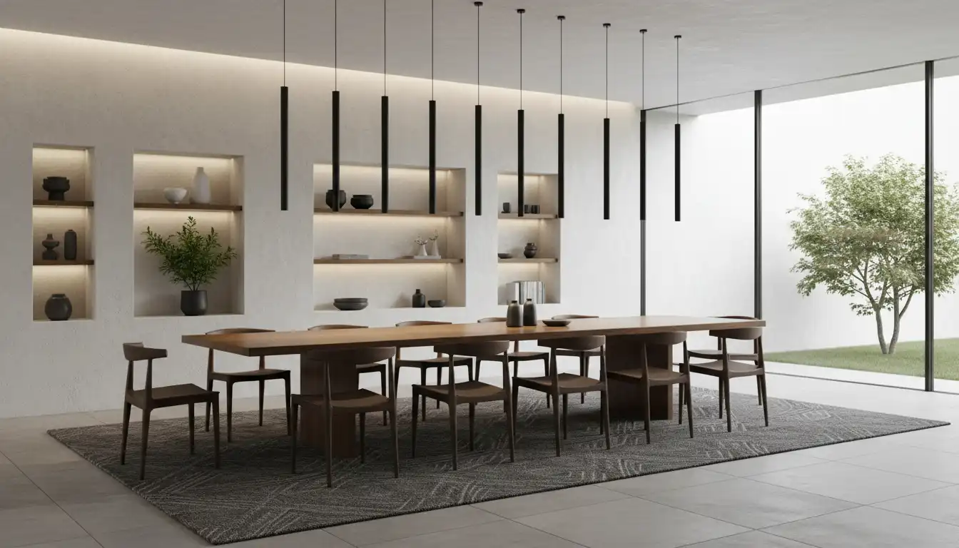 A modern dining room illuminated by a series of sleek, black pendant lights hanging over a long wooden table with minimalist chairs.