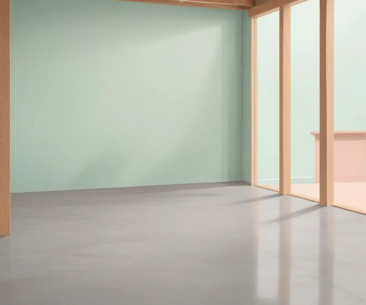 A newly poured, smooth, gray concrete floor in a garage with unfinished wooden wall framing and no other objects present.