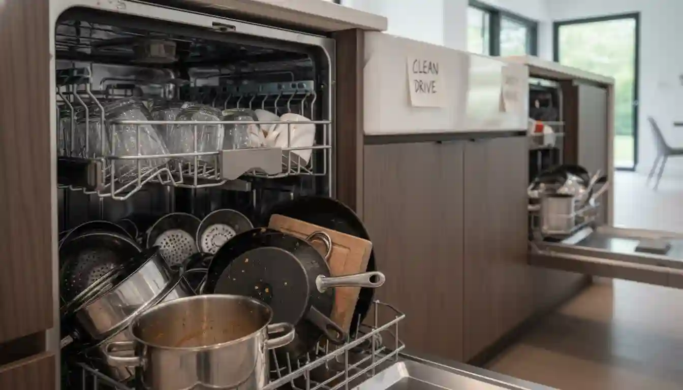 the dirty dishwasher, showcasing the practicality of immediately loading used items, reducing counter clutter.