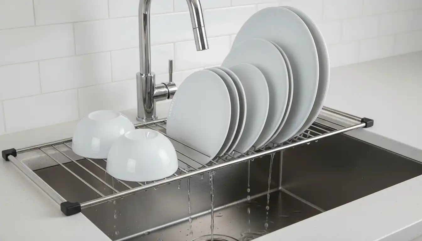 A stainless steel, over-the-sink dish rack holding clean white plates and bowls, with water draining directly into the kitchen sink below.