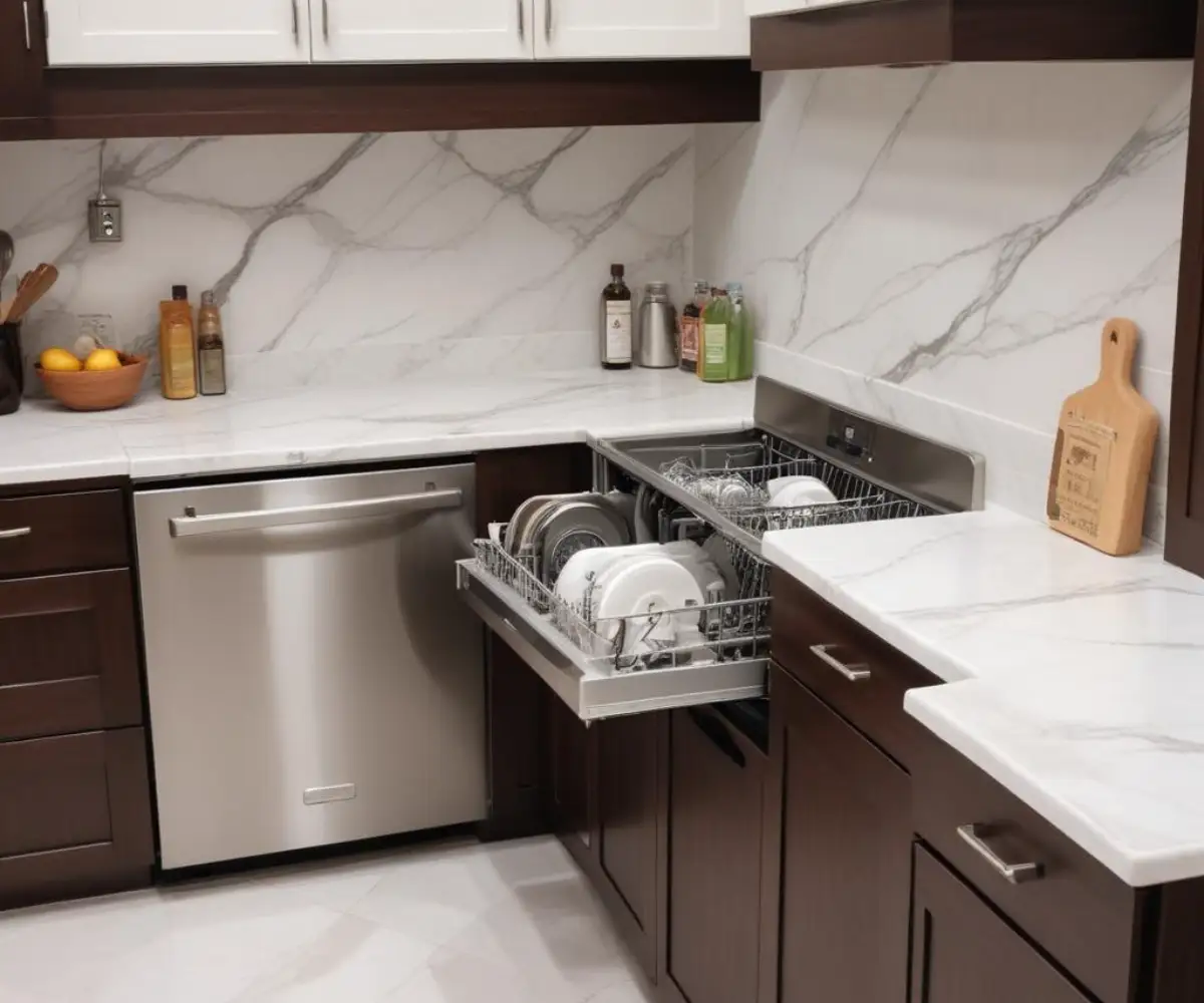 A stainless steel built-in dishwasher installed underneath a white marble kitchen countertop, with dark wood cabinetry on either side.