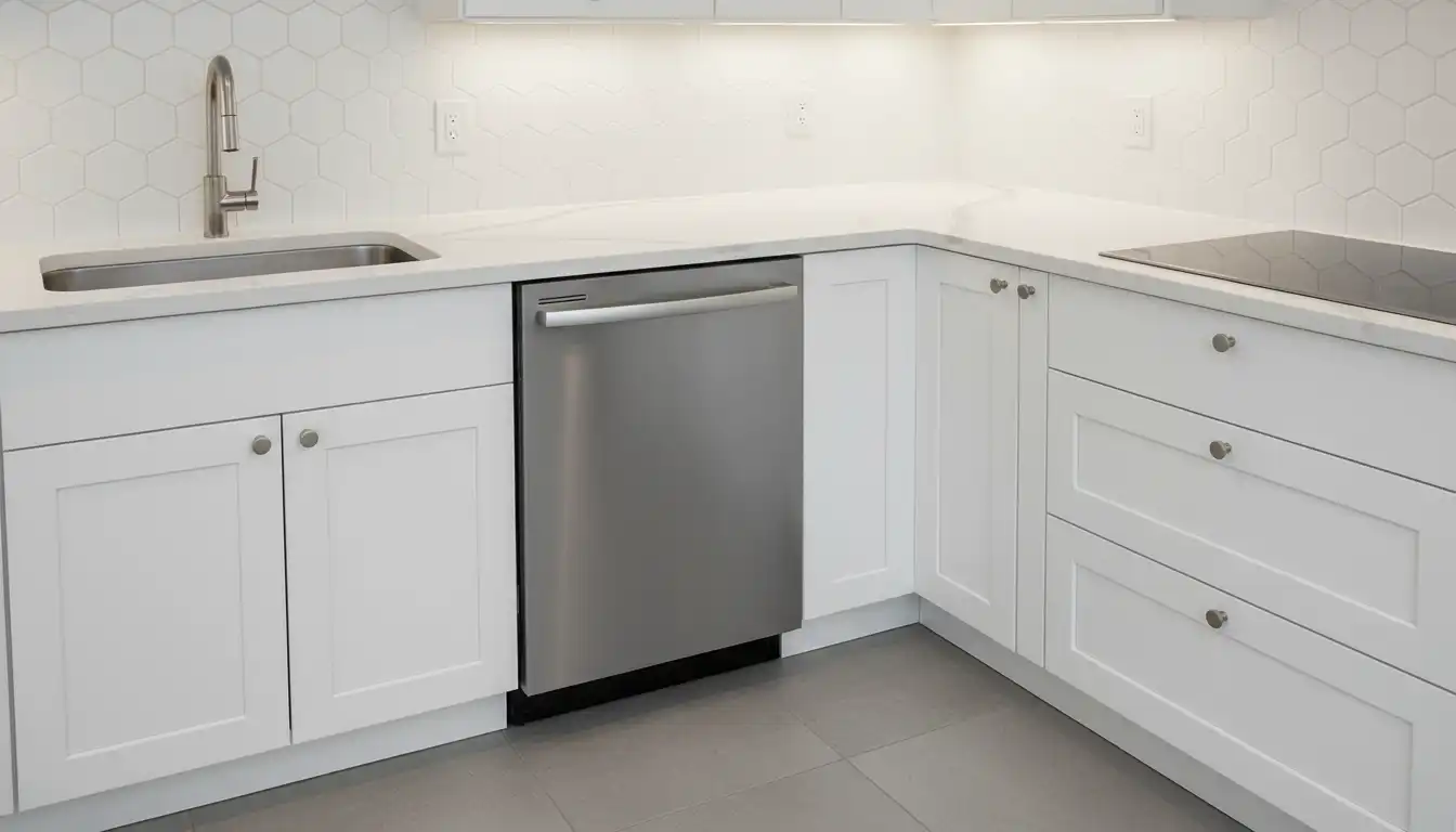 A stainless steel dishwasher installed in the corner of a modern kitchen with white cabinets and quartz countertops.