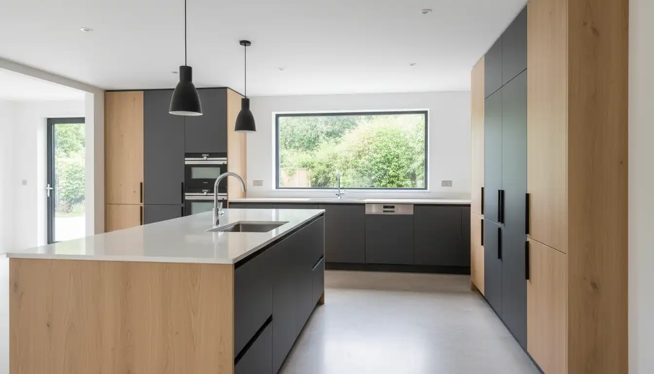 Modern kitchen interior with an integrated dishwasher installed away from the undermount sink and faucet.