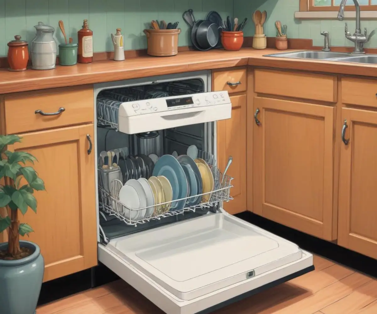 A standard built-in dishwasher being measured to fit under a kitchen countertop, showing insufficient height clearance.