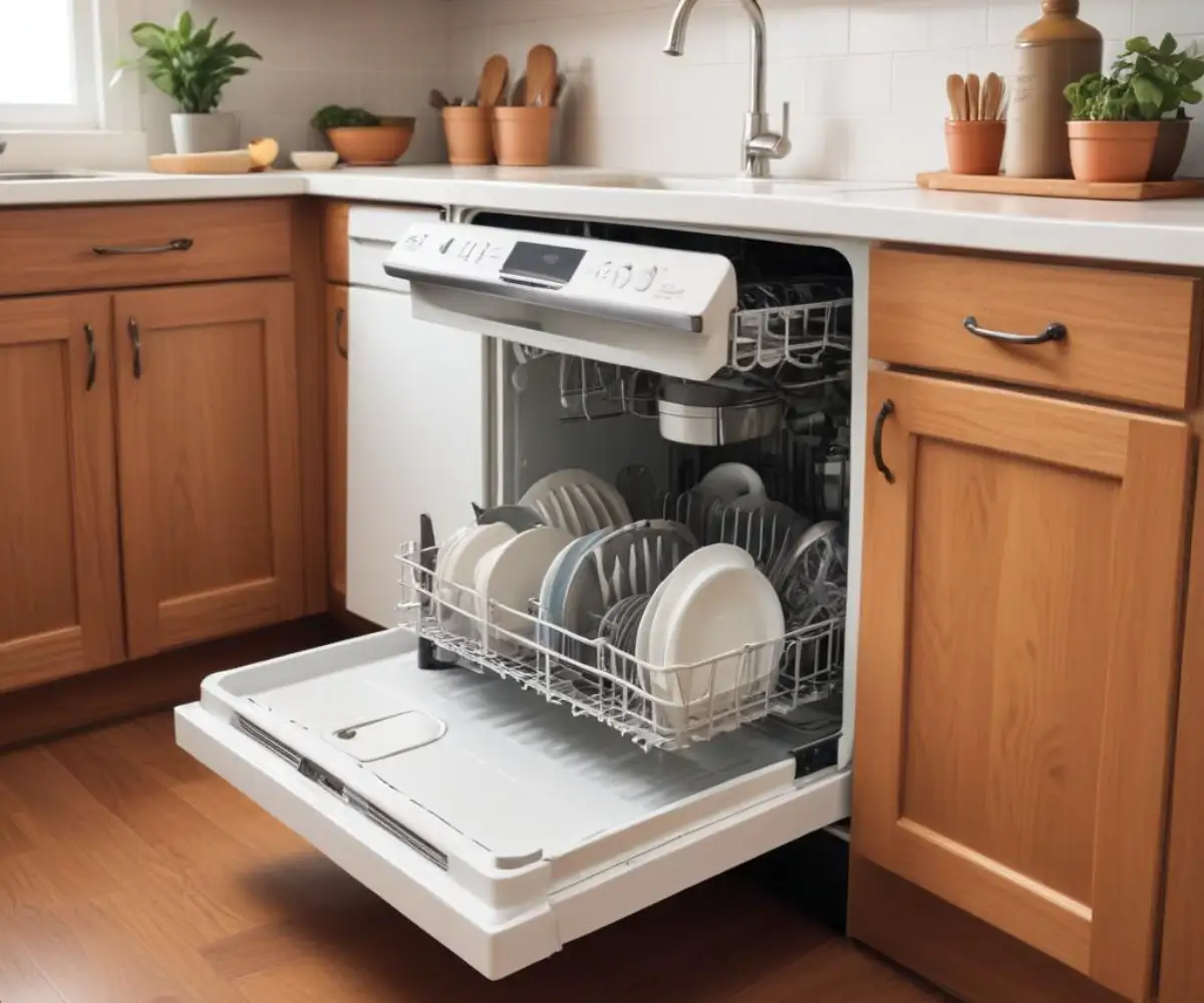 Top control dishwasher being installed under a white kitchen countertop next to wooden cabinets.