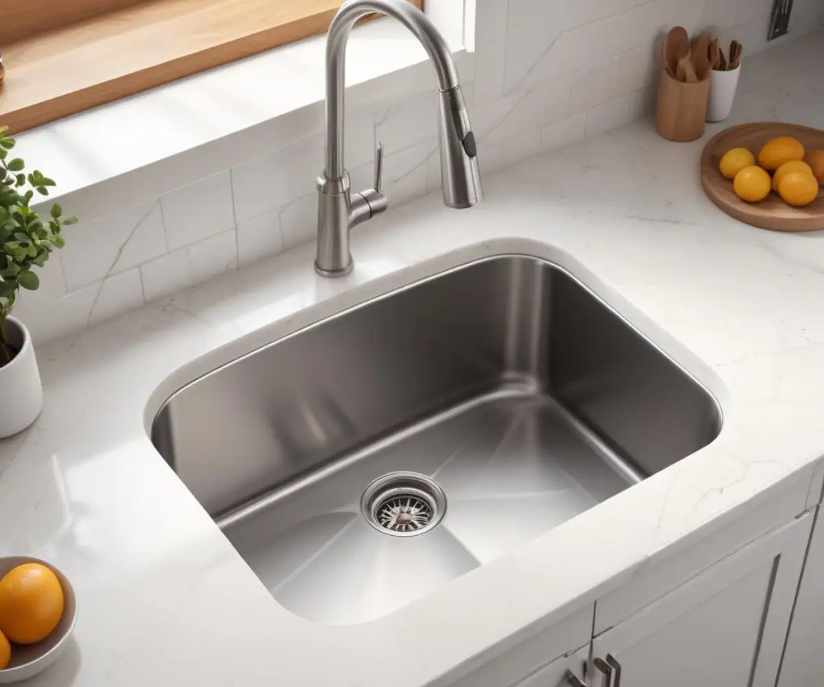 A close-up view of a stainless steel undermount kitchen sink set into a white quartz countertop, showing the spacing at the front edge.