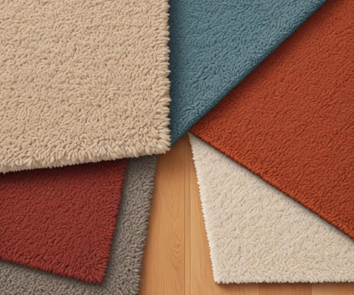 A close-up, side-by-side comparison of two distinct carpet samples, highlighting their different textures, piles, and weave patterns on a hardwood floor.