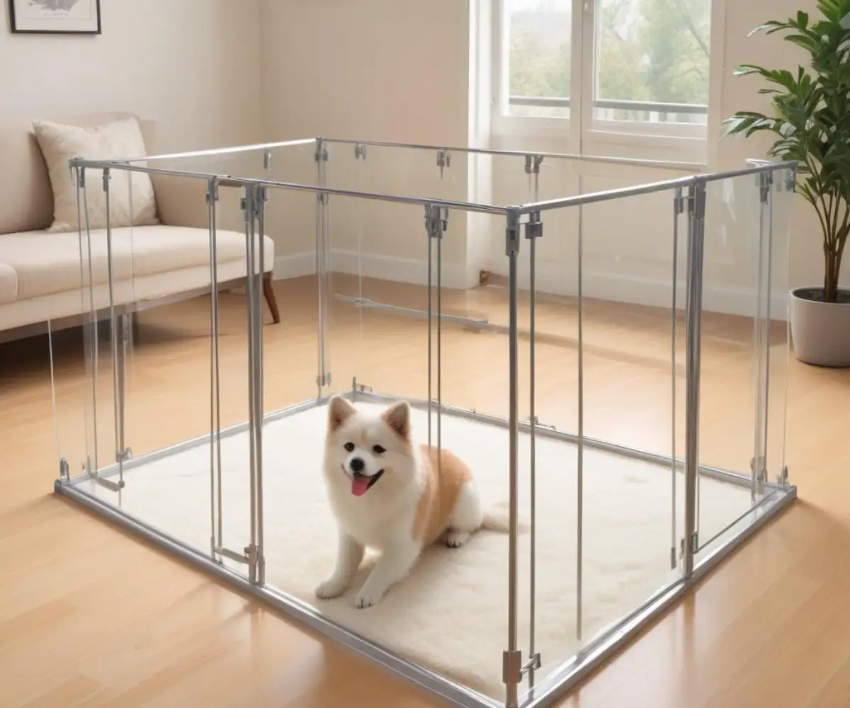 A modern clear acrylic panel dog exercise pen with an aluminum frame on a light-colored floor.