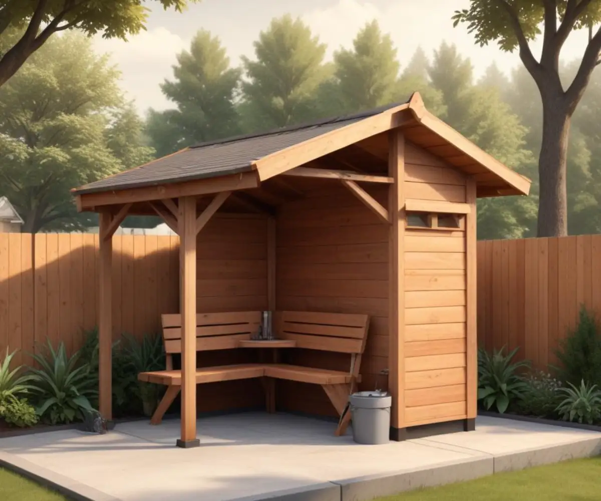 A wooden do-it-yourself outdoor smoking shelter with a slanted roof and partial walls situated on a backyard patio.