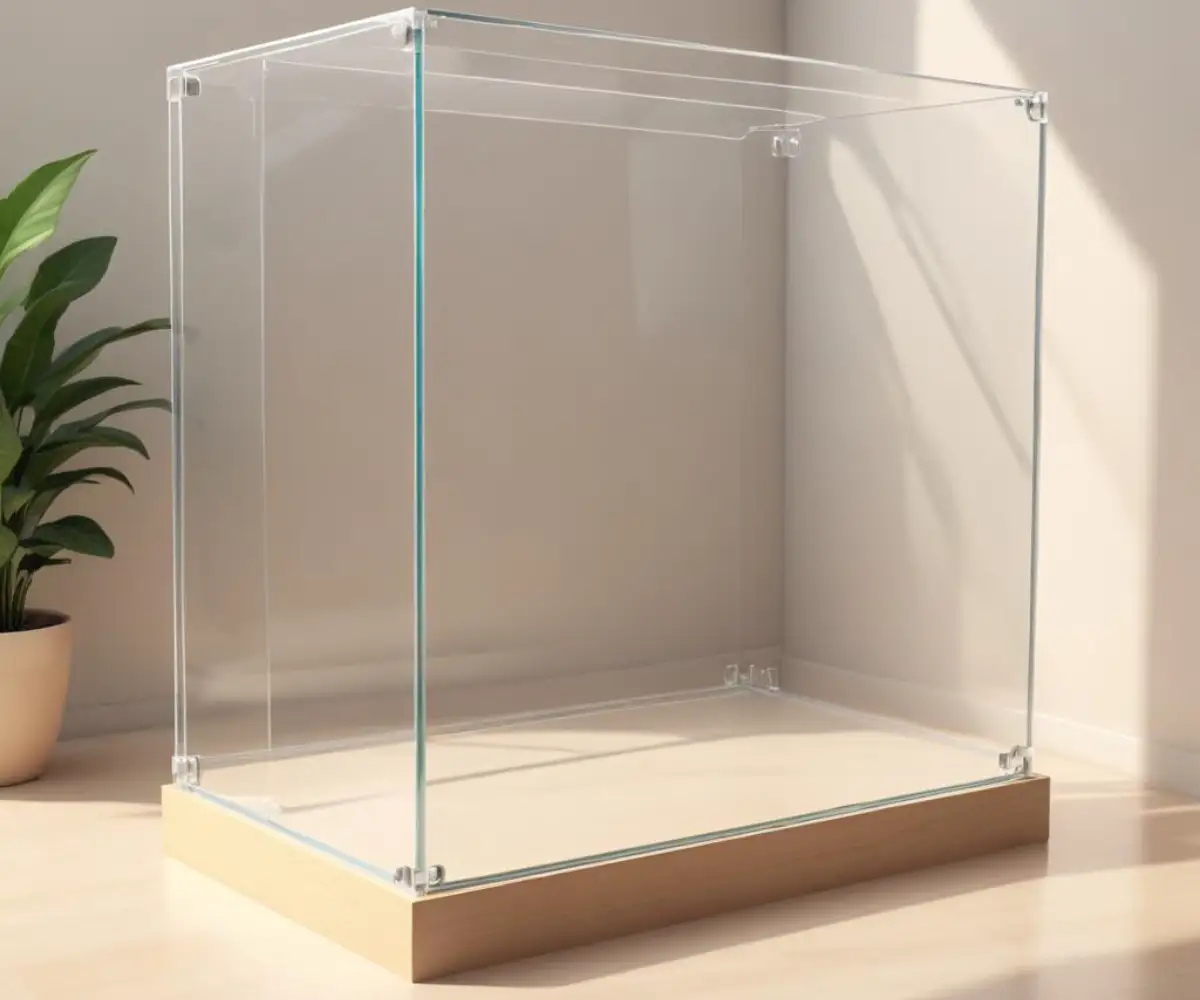 A clear, modern, rectangular plexiglass enclosure with interlocking panels on a light-colored floor.
