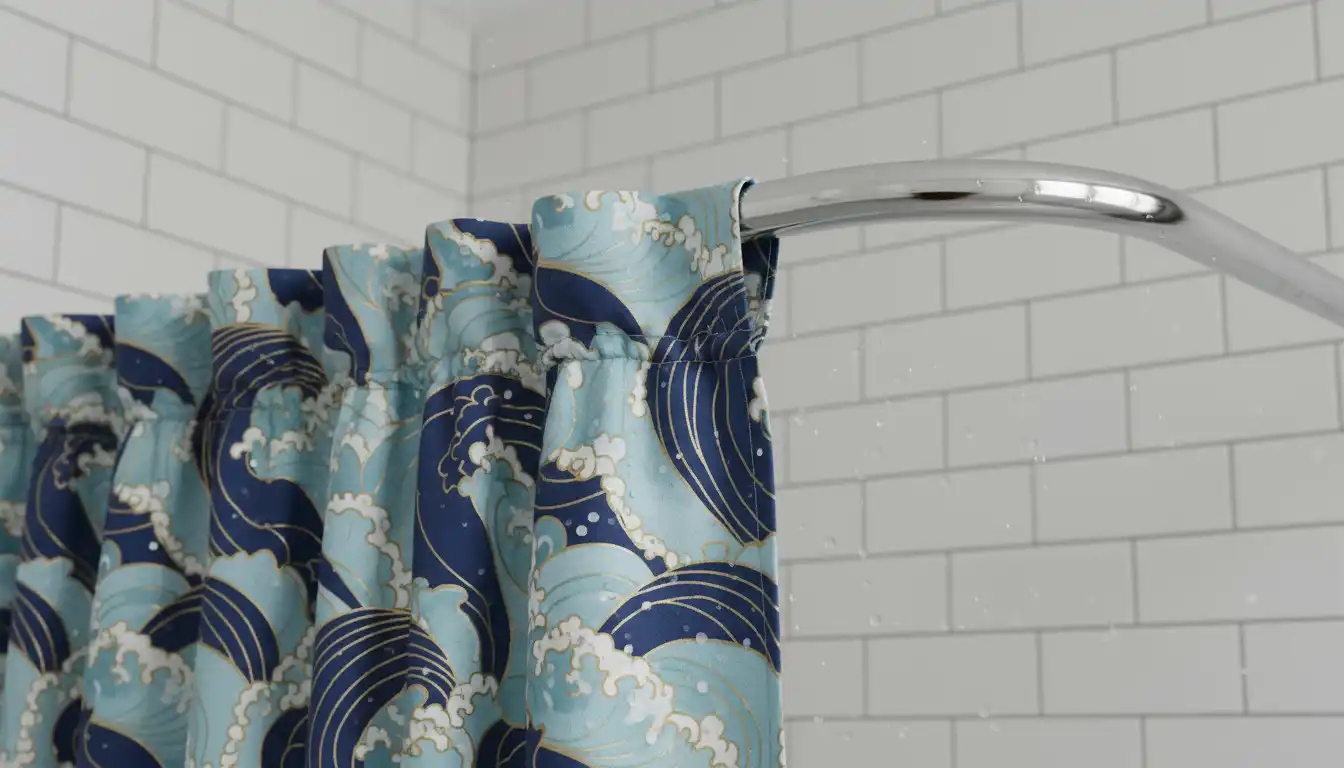 A decorative fabric cover installed over a curved metal shower rod against a white tile wall.