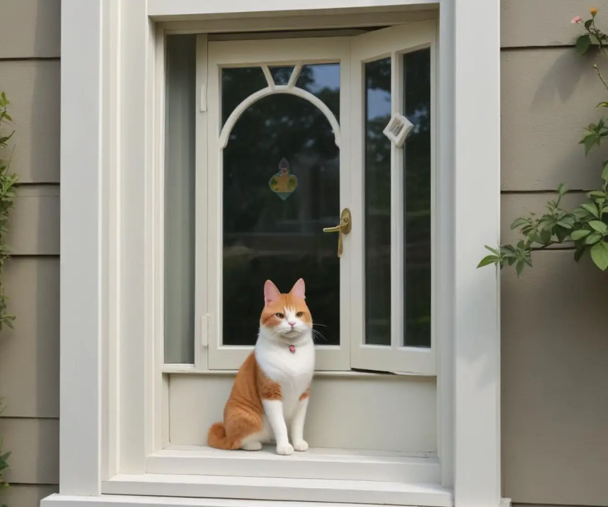 A custom-built pet door insert installed within the frame of a vertically sliding sash window.