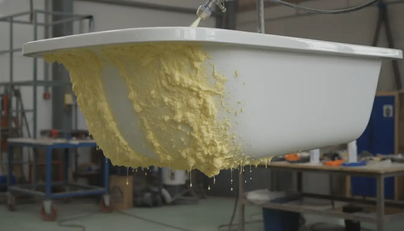 Spray foam insulation being applied to the underside of a white acrylic bathtub, creating a textured, yellowish layer for thermal retention.