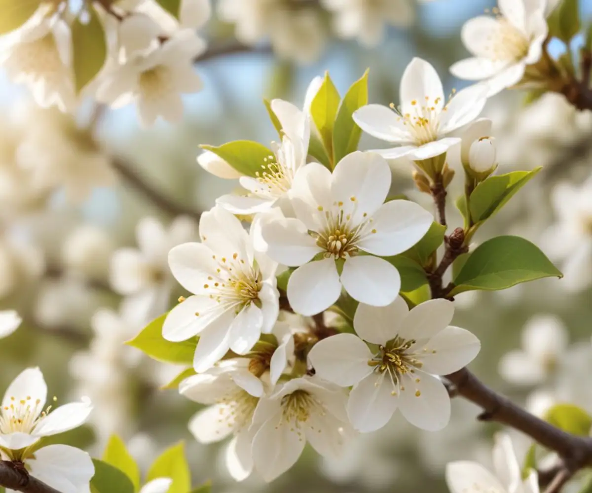 Close-up of delicate white pear tree blossoms in full bloom