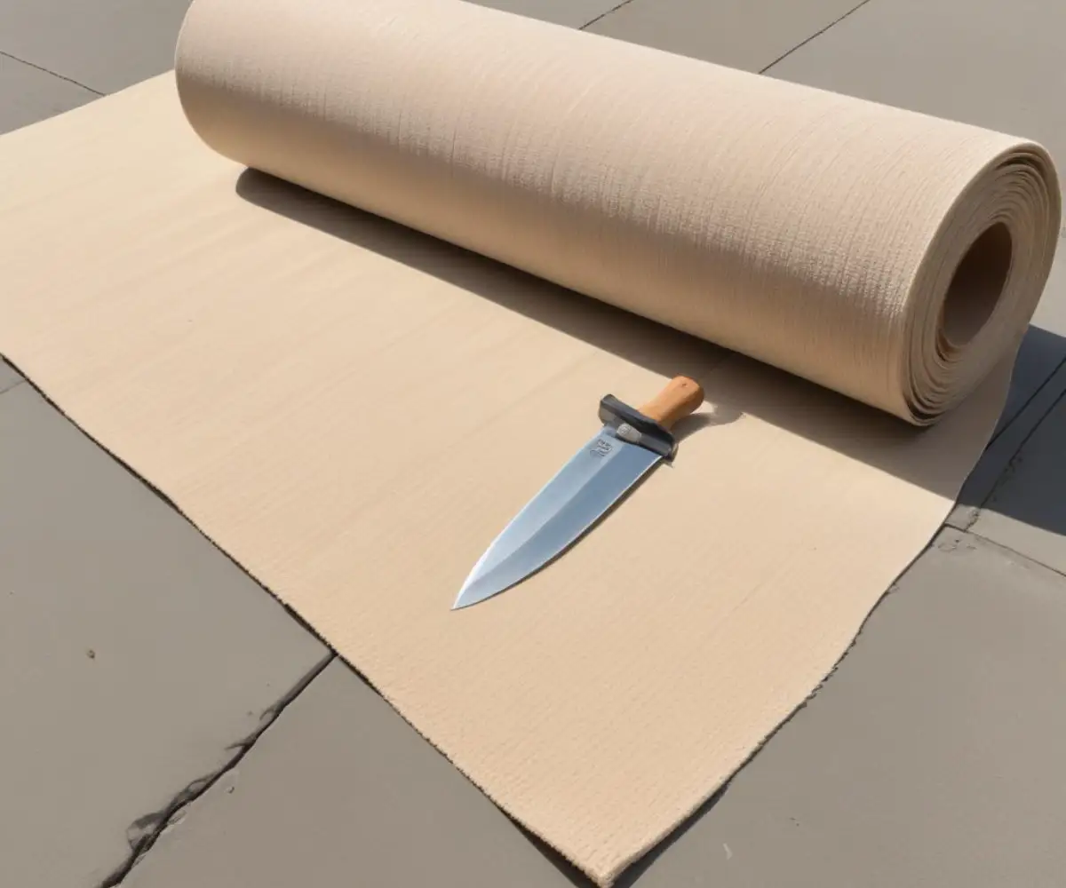 A large roll of new beige carpet partially unfled on a clean concrete driveway next to a utility knife.