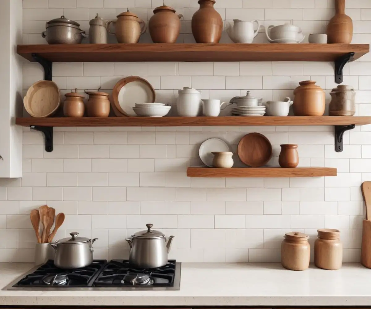 Sleek wooden floating shelves mounted on a clean, white tiled kitchen backsplash.