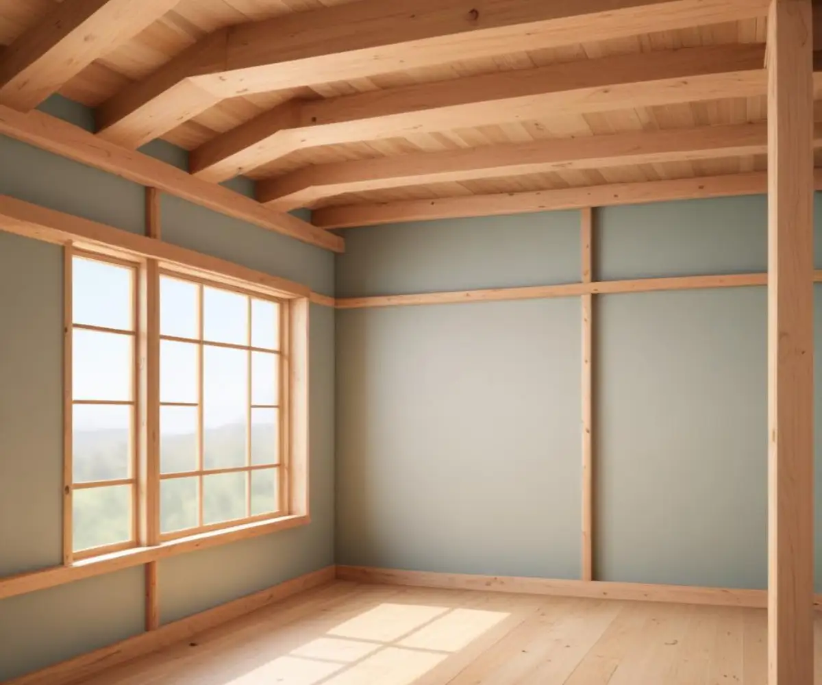Unfinished wooden frame of a new interior wall in a room with exposed studs and beams.