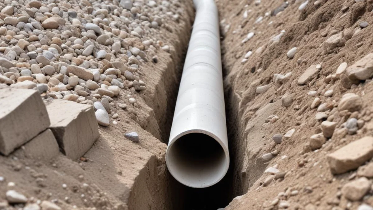 Solid drain pipe resting in a clean gravel-filled trench for a French drain installation.